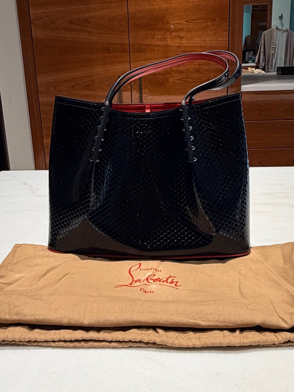 Christian Louboutin Black Embossed Patent Leather Tote Bag Authentic